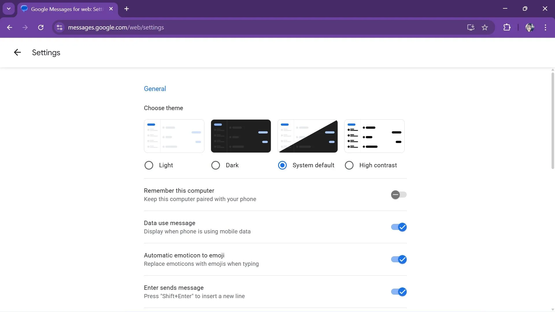 Menu Settings trên Google Messages web hiển thị các tùy chọn chủ đề và thông báo
