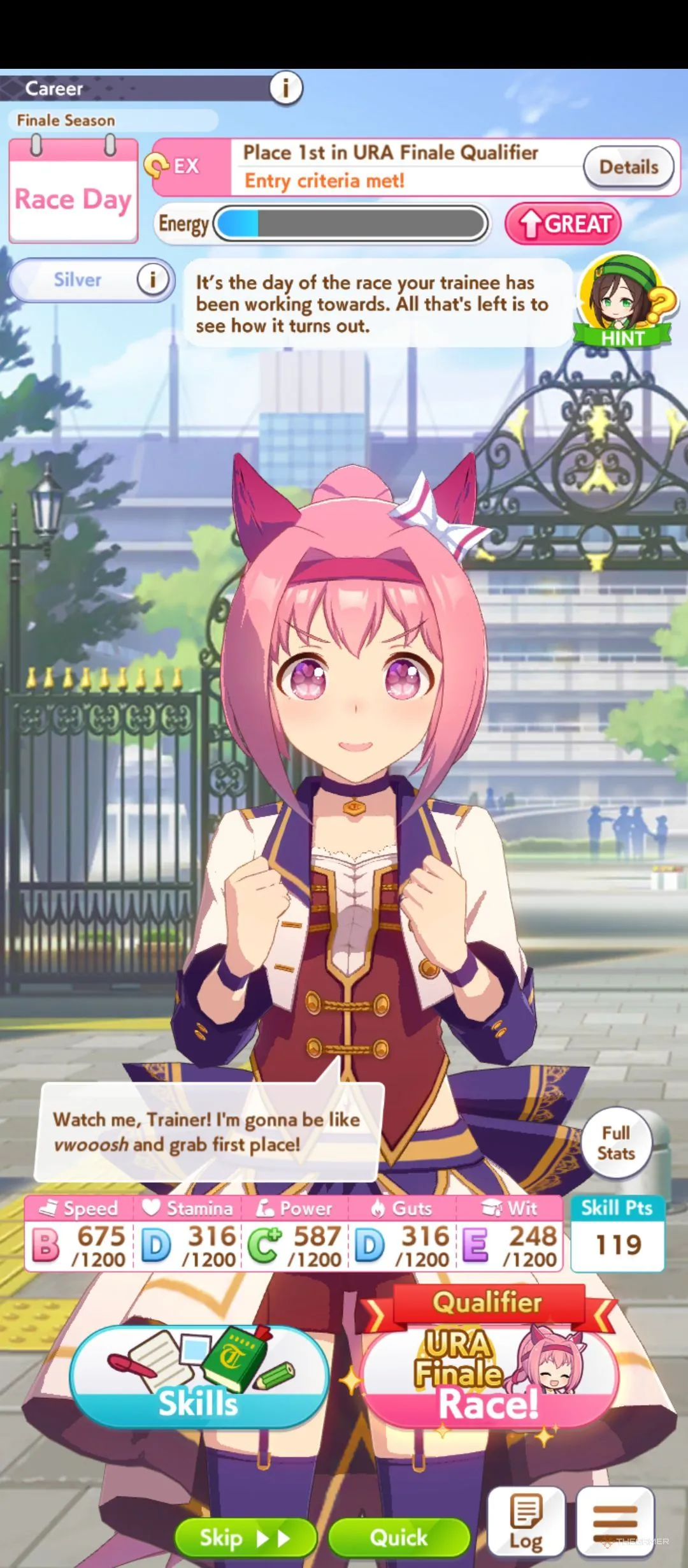 Menu tập luyện Haru Urara trong Umamusume với các thông số cần theo dõi.