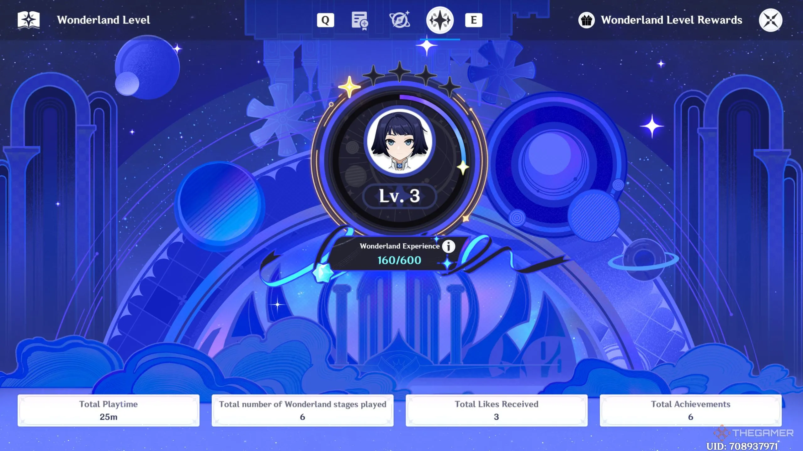 Minh họa màn hình hiển thị mức độ và tiến trình Wonderland level trong Genshin Impact.