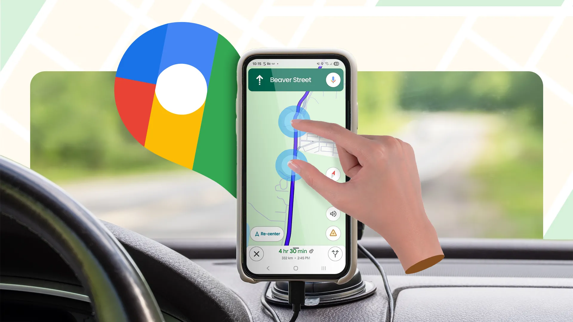 Một bàn tay thao tác trên Google Maps trong xe, biểu tượng cho cập nhật an toàn khi lái