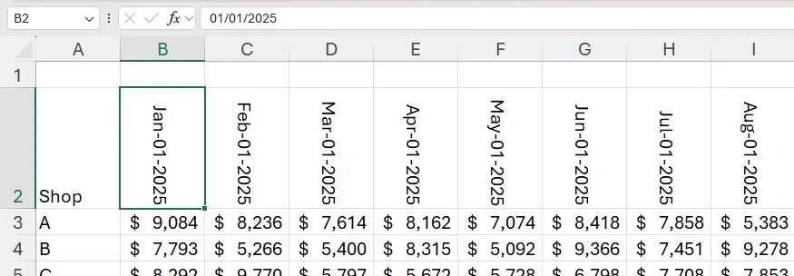 Một ô ngày được chọn trong Excel, thanh công thức hiển thị giá trị thực của ô.