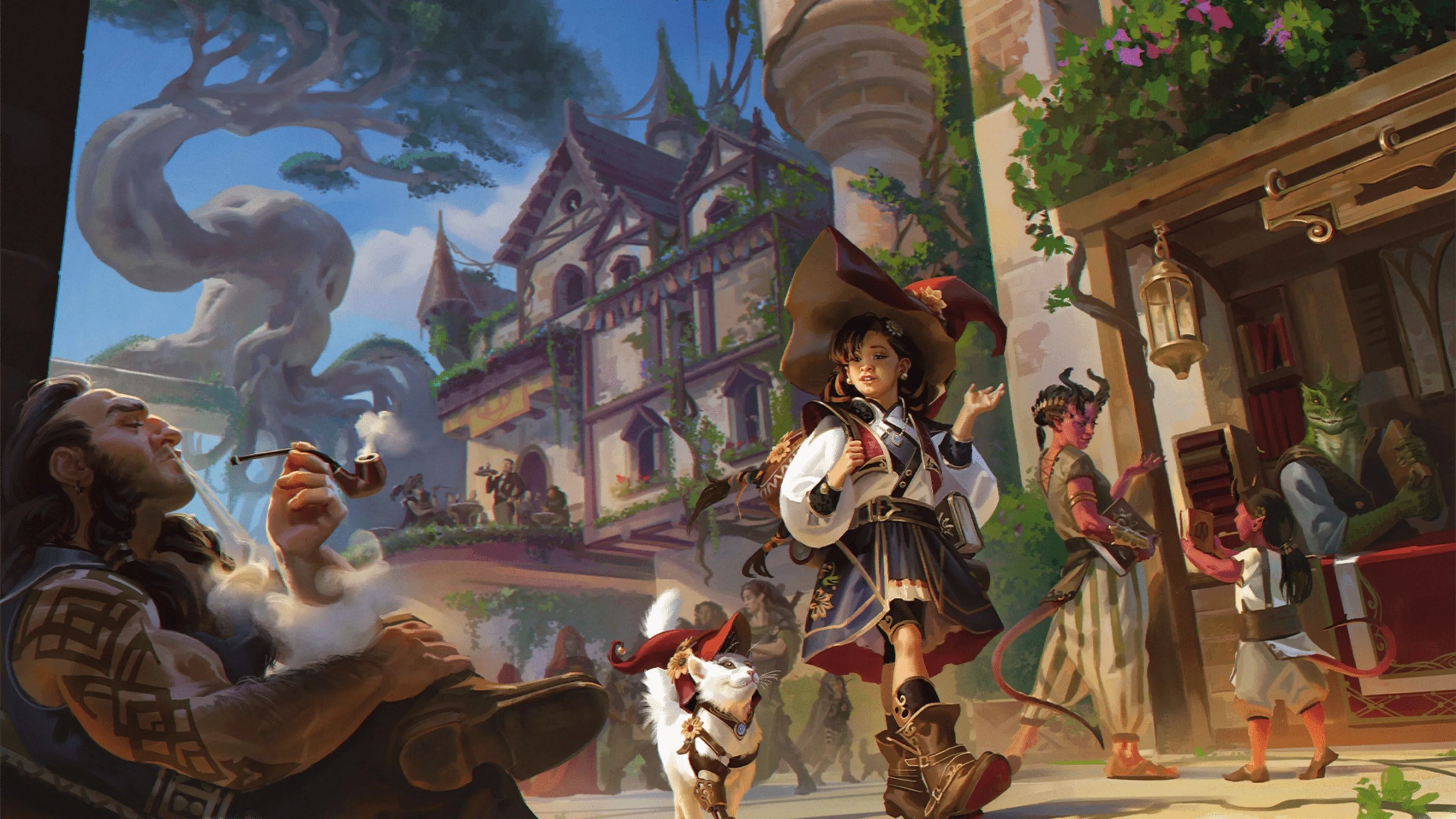 Một pháp sư và thú cưng dạo quanh thành phố trong Dungeons & Dragons (D&D).