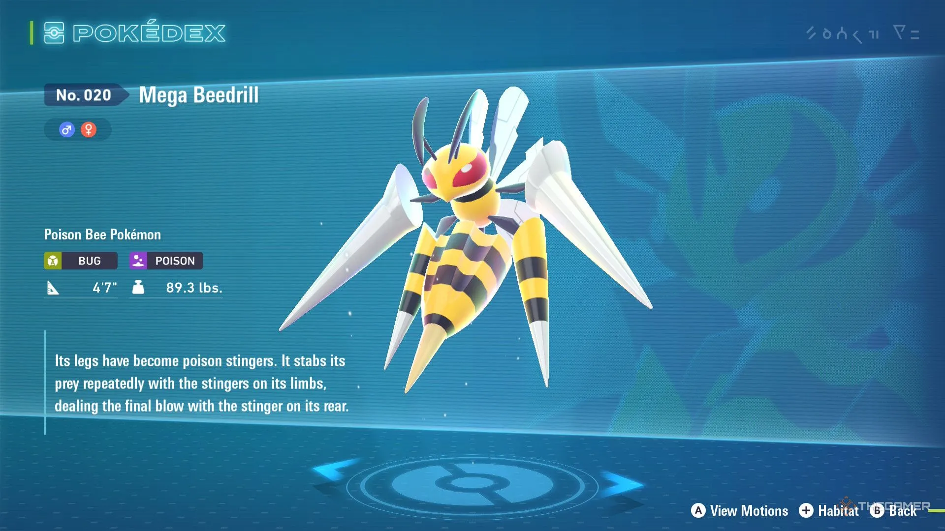 Người chơi xem Pokedex Mega Beedrill, minh họa TM Bug X-Scissor trong Wild Zone.