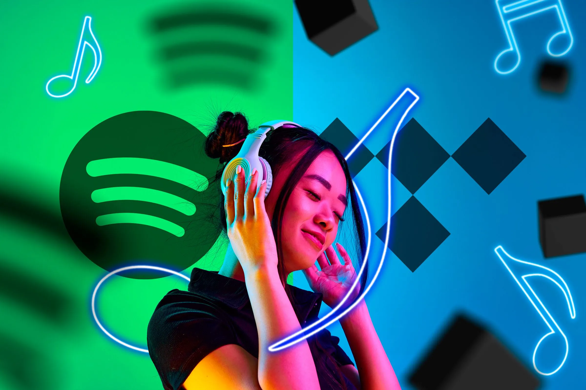 Người nghe dùng tai nghe, biểu tượng Spotify và Tidal thể hiện cạnh tranh chất lượng âm thanh giữa dịch vụ streaming