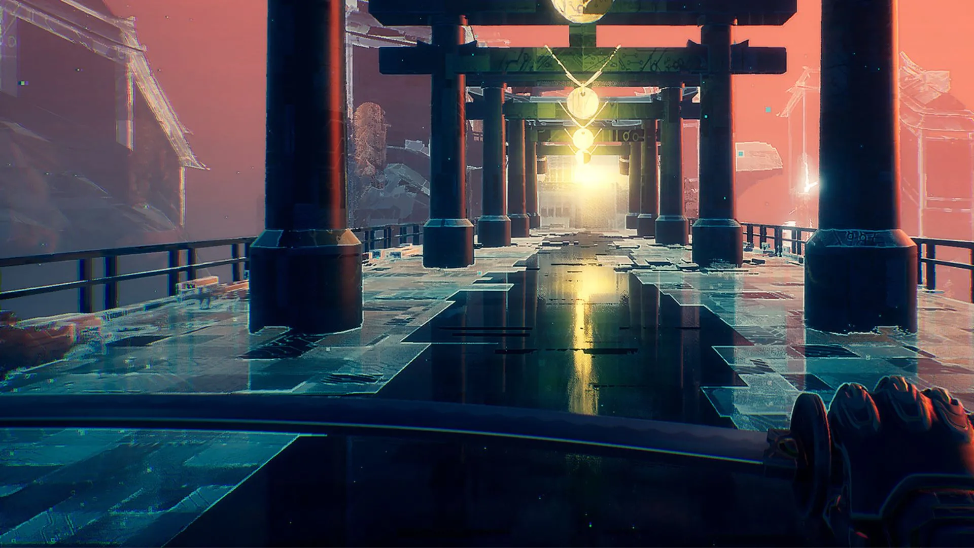 Nhân vật cầm kiếm nhìn về phía xa trong Ghostrunner, phản ánh tốc độ di chuyển và nhịp parkour.