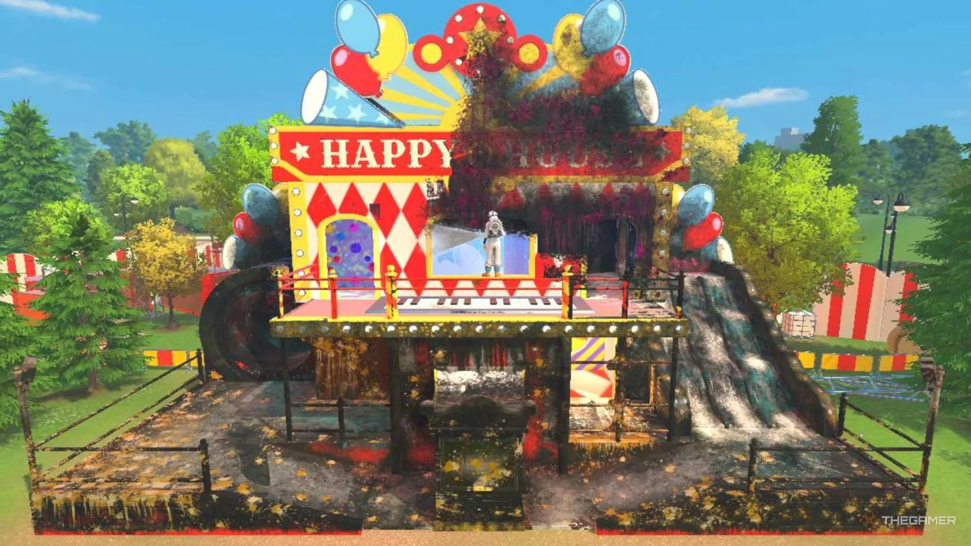 Nhân vật đứng trên ban công của fun house trong PowerWash Simulator 2