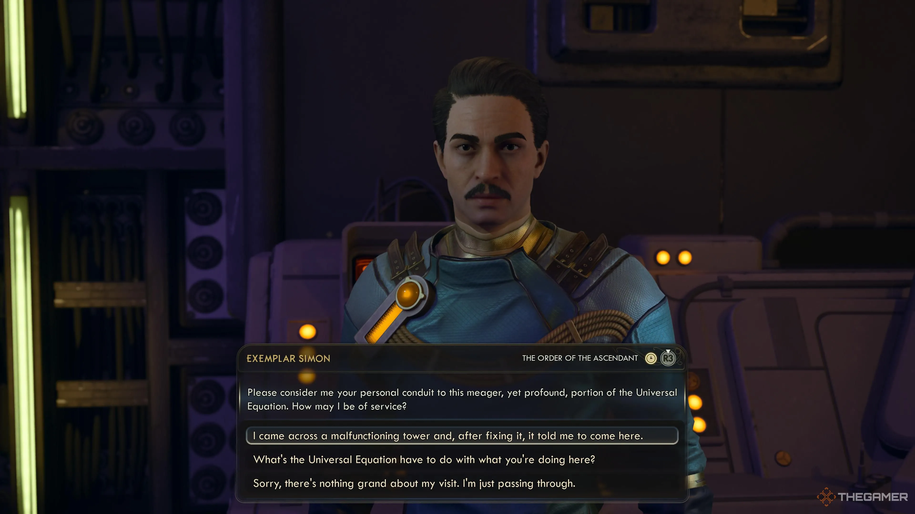 Nhân vật trò chuyện với Exemplar Simon về tháp sét hỏng ở Praetor - The Outer Worlds 2