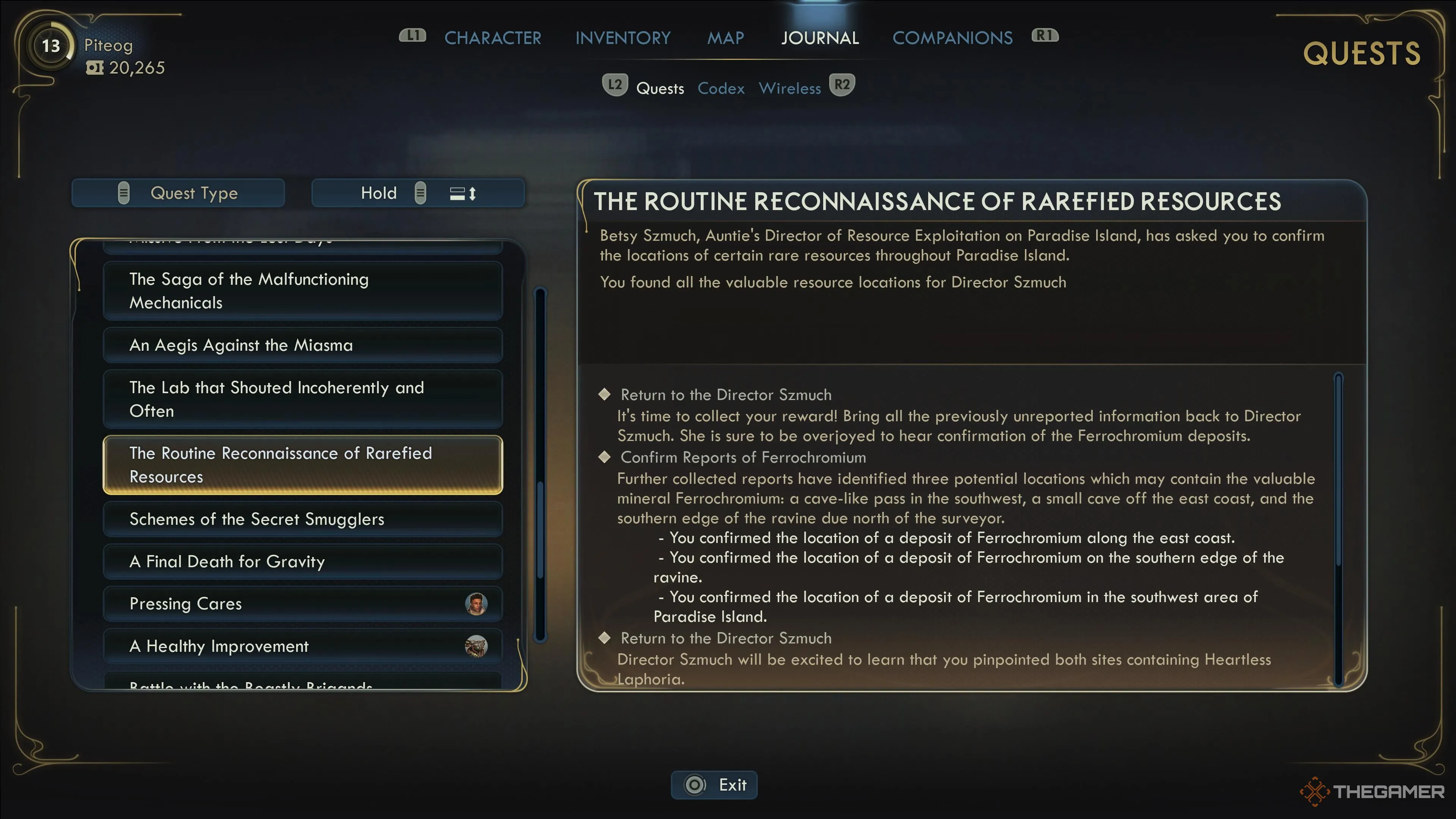 Nhật ký nhiệm vụ Pressing Cares trong The Outer Worlds 2, hiển thị mục tiêu và tiến trình nhiệm vụ đồng đội Niles với các chỉ dẫn rõ ràng.