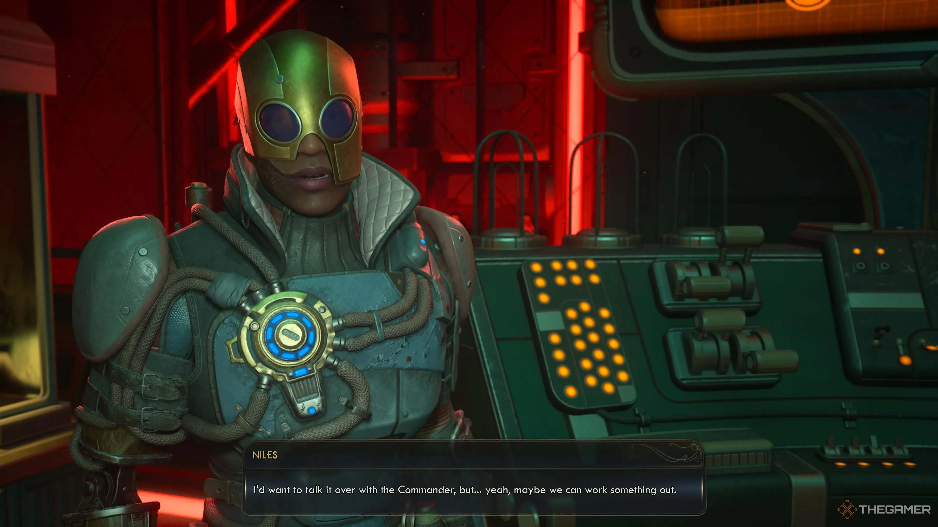 Niles cân nhắc hậu quả đạo đức khi bàn với Zeb trong The Outer Worlds 2.