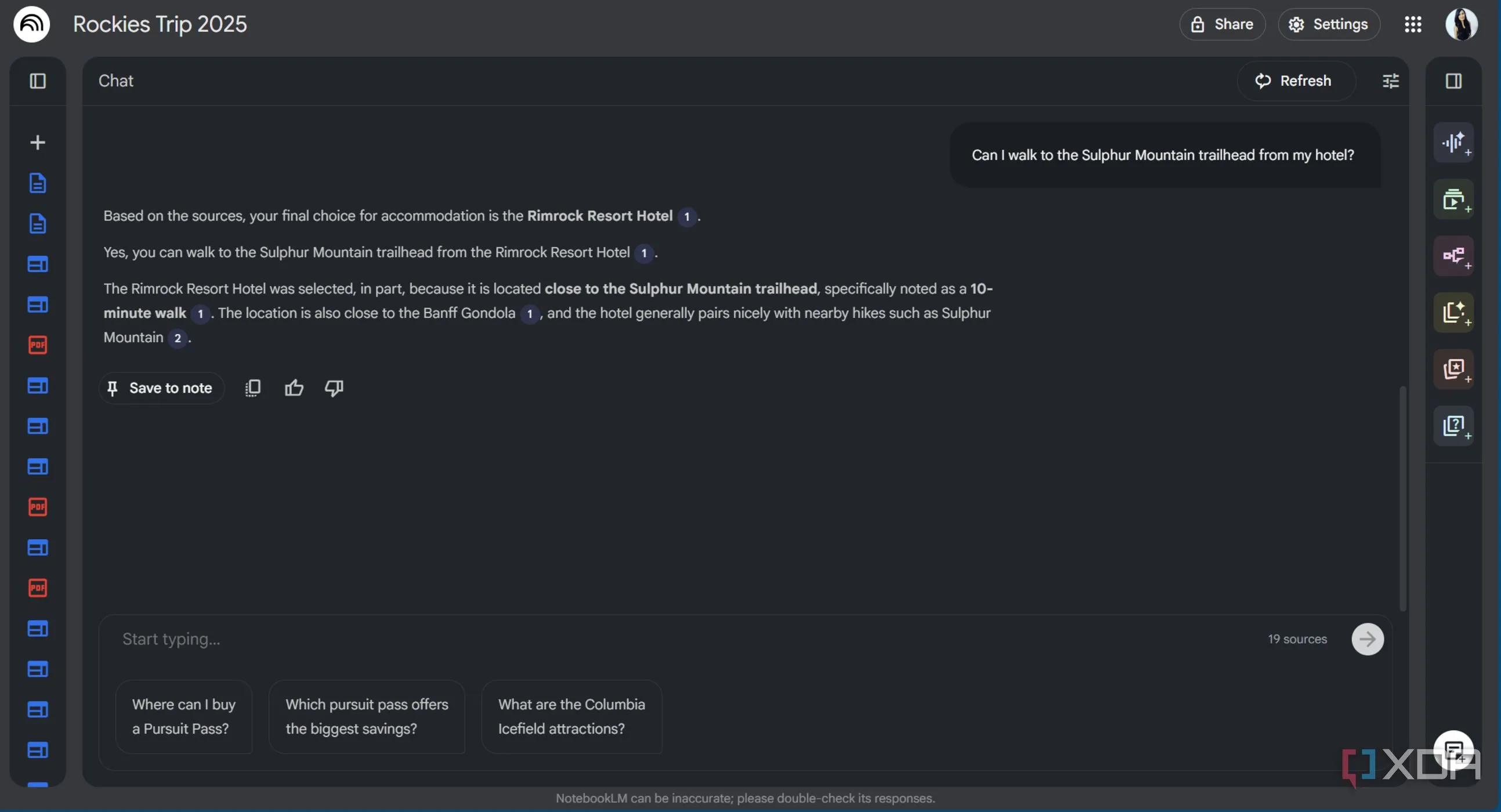 NotebookLM lưu giữ ngữ cảnh quyết định khi so sánh khách sạn Banff