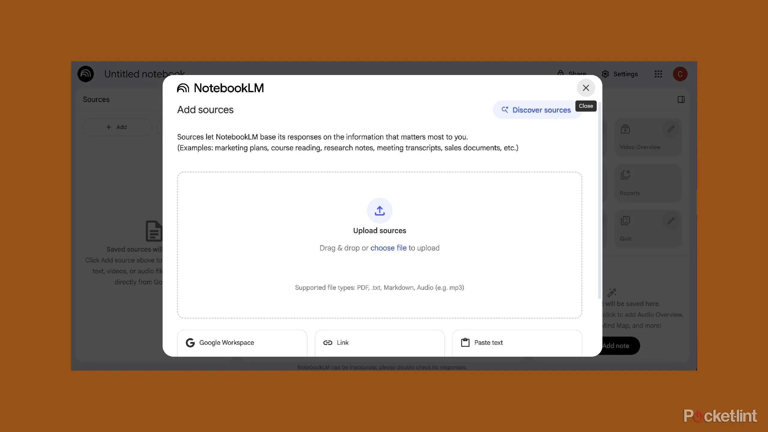 NotebookLM tìm nguồn nghiên cứu, giao diện Discover Sources hỗ trợ tìm tài liệu game trên web và Drive