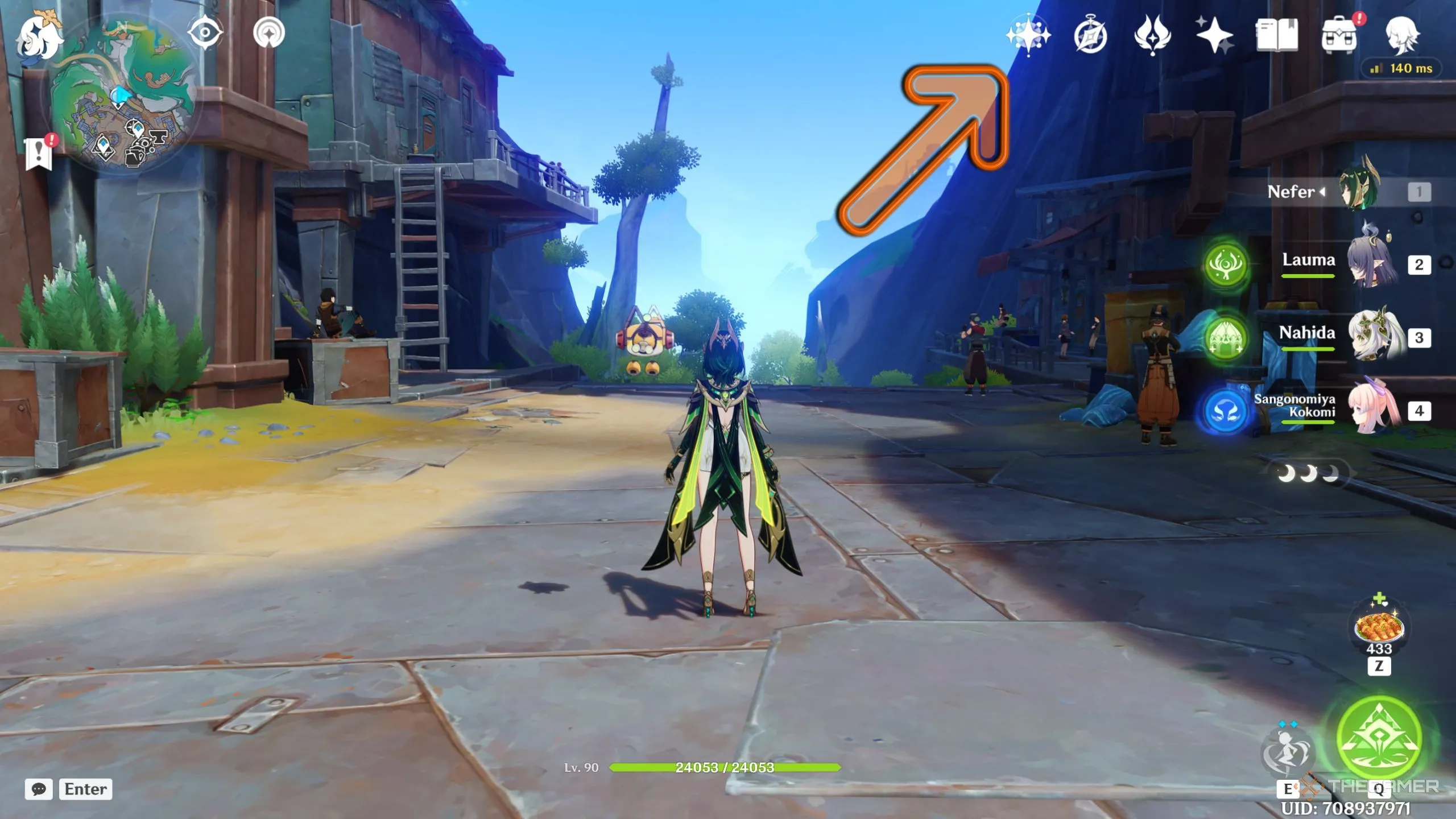 Nút truy cập Miliastra Wonderland trên giao diện Genshin Impact, hiển thị vị trí ở góc trên bên phải.