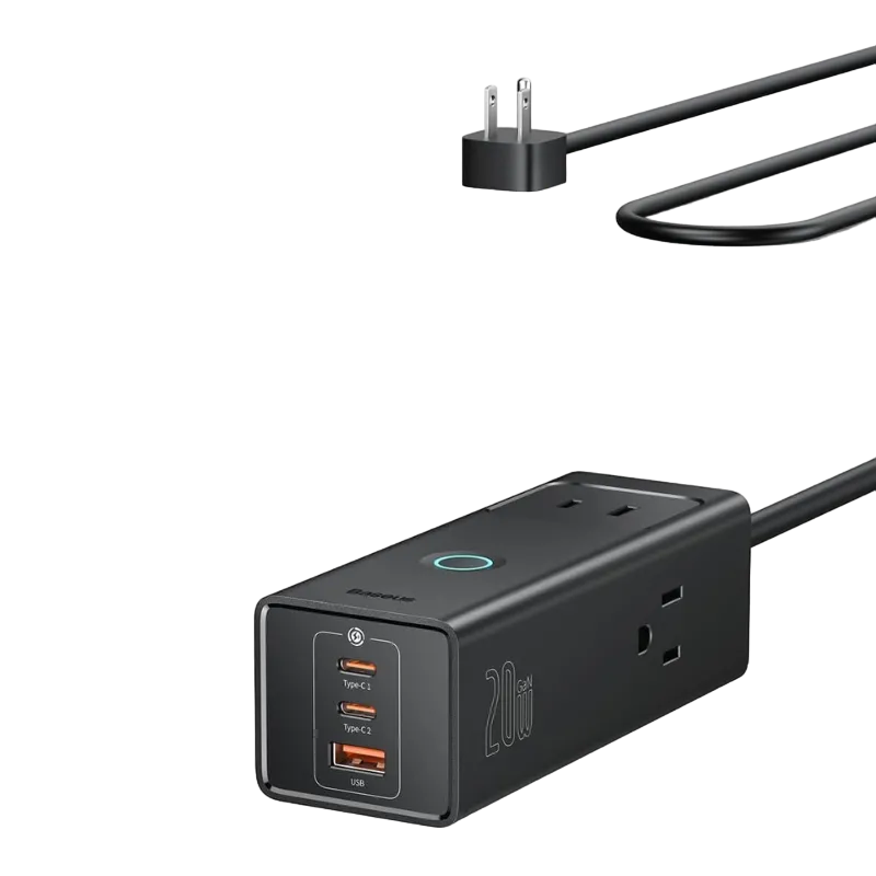 Ổ cắm Baseus Power Strip Surge Protector 1200J đặt trên bàn làm việc, hiển thị các cổng USB và AC