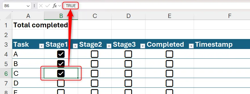 Ô trong bảng Excel chứa checkbox đã được chọn, hiển thị giá trị Boolean TRUE trong thanh công thức.