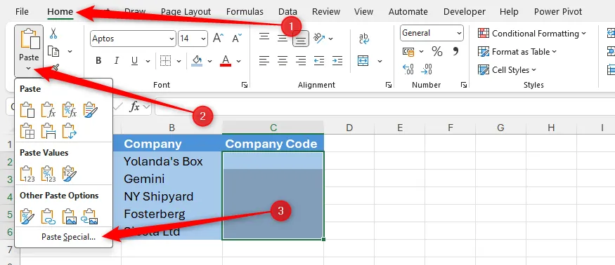 Paste Special được chọn trong menu Paste của Excel.