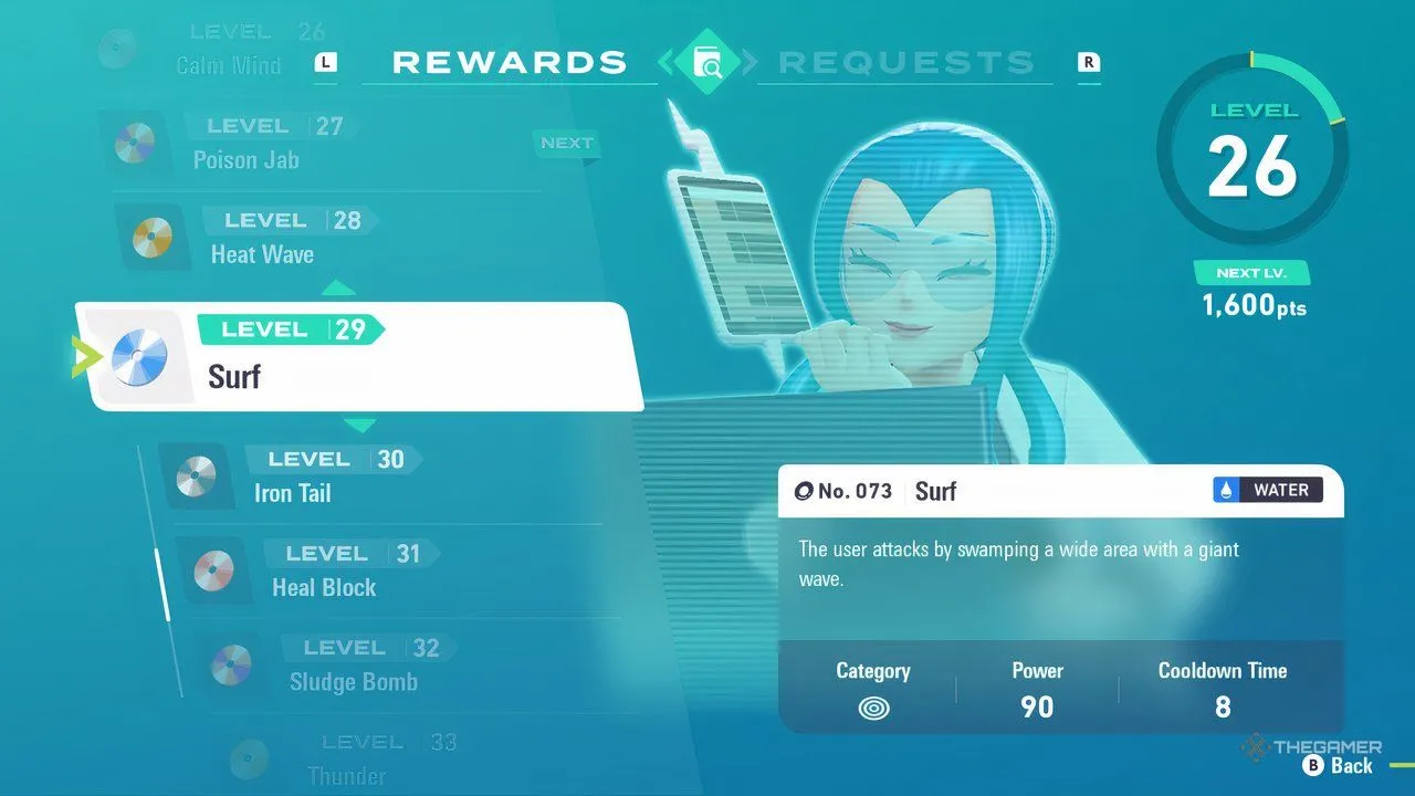 Phần thưởng nghiên cứu Level 29 của Mable trong Pokemon Legends: Z-A, thường cho TM nước mạnh.