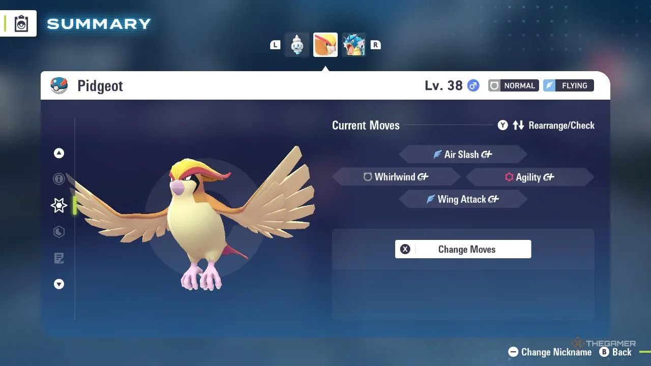 Pidgeot trong menu Pokémon Legends Z‑A, tiêu biểu cho dòng Flying thuần túy với movepool đa dạng