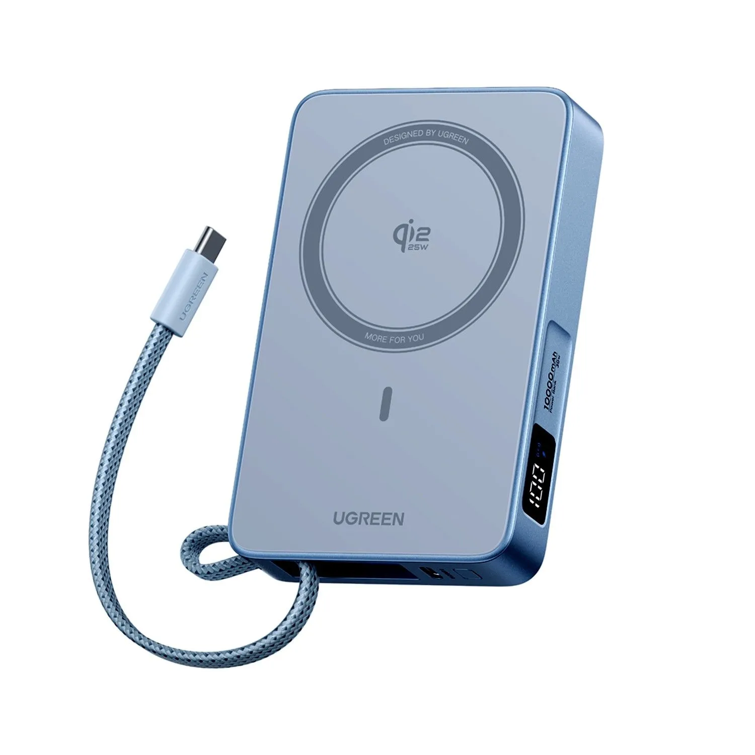 Pin dự phòng Ugreen MagFlow 10000mAh 25W đặt trên nền trắng, dây cáp lộ ra