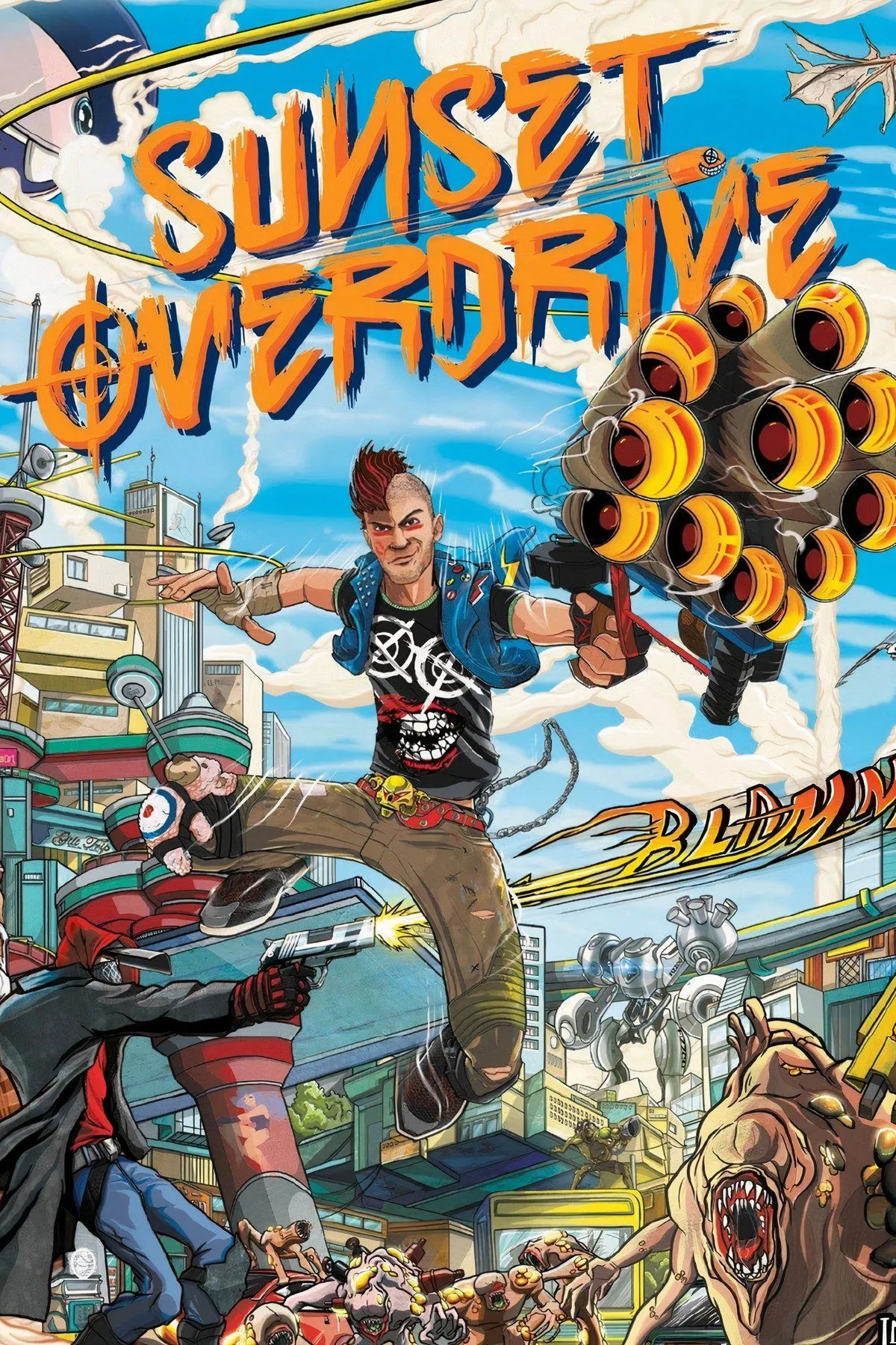 Poster Sunset Overdrive thể hiện lối di chuyển năng động trên đường phố đầy màu sắc