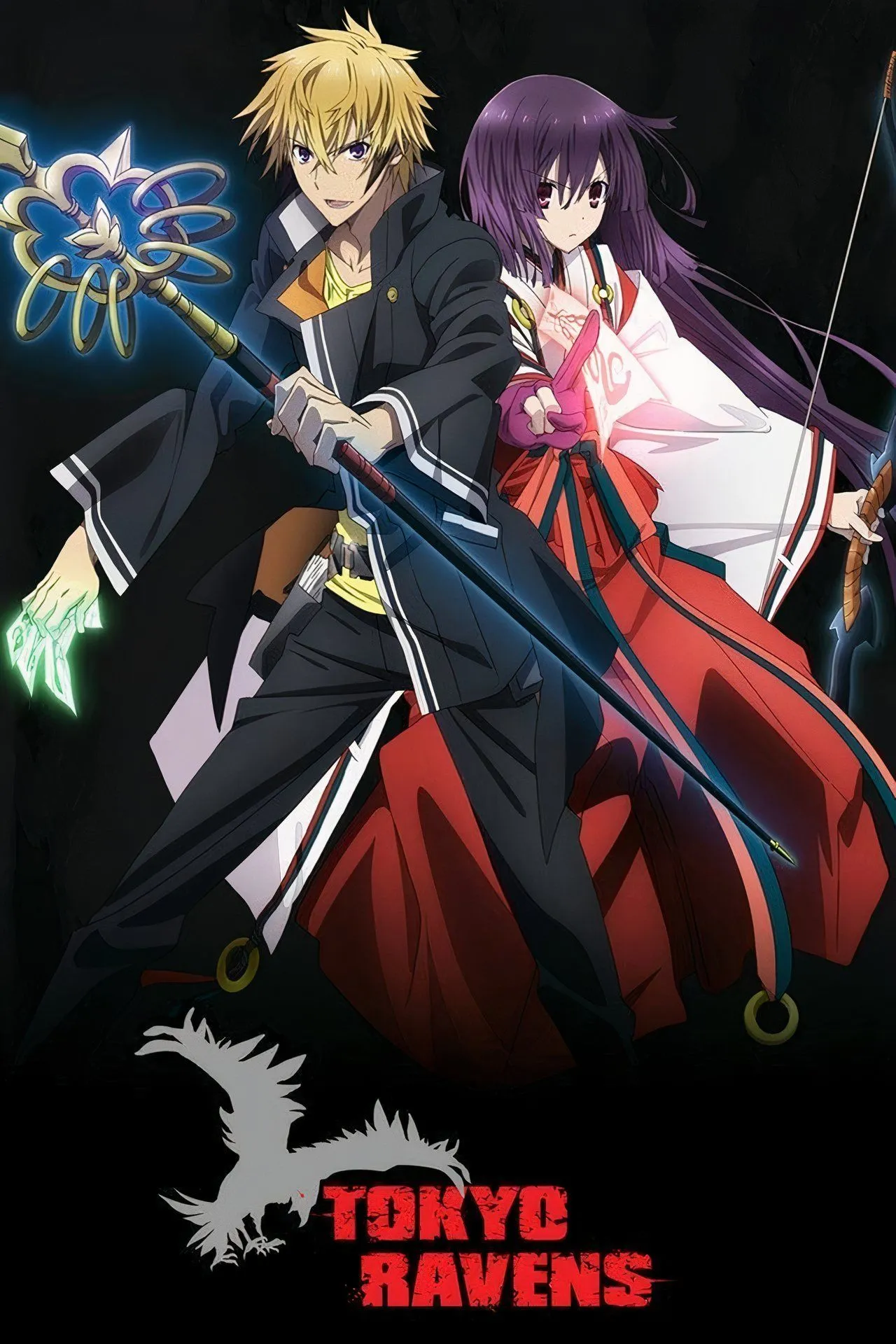 Poster Tokyo Ravens với nhân vật Harutora và biểu tượng thuật Onmyou trước nền học viện