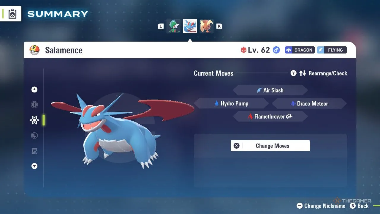 Salamence trong menu Pokémon Legends Z‑A, minh họa cho sức mạnh toàn diện và tiềm năng tấn công hệ Bay cao cấp