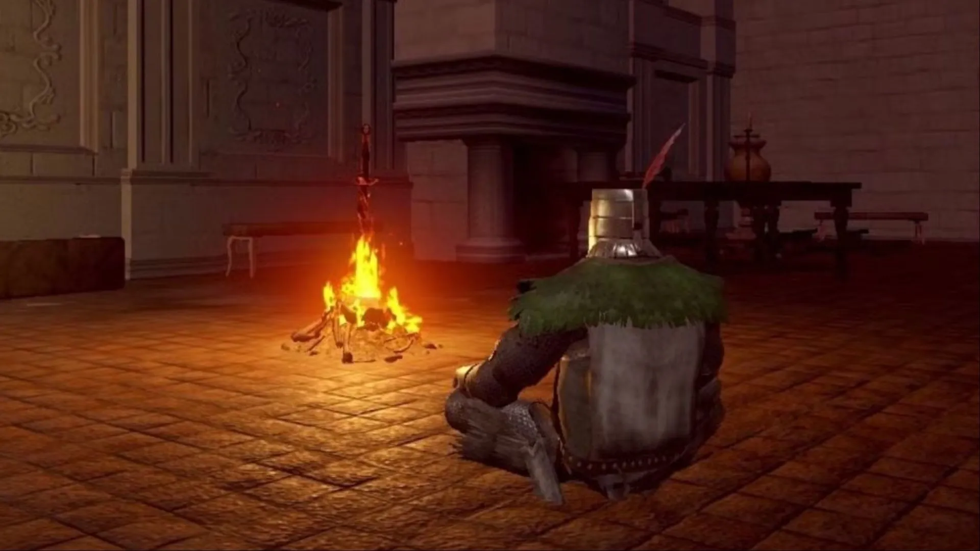 Solaire of Astora ngồi cạnh bonfire, biểu tượng của hy vọng và tai họa trong Dark Souls