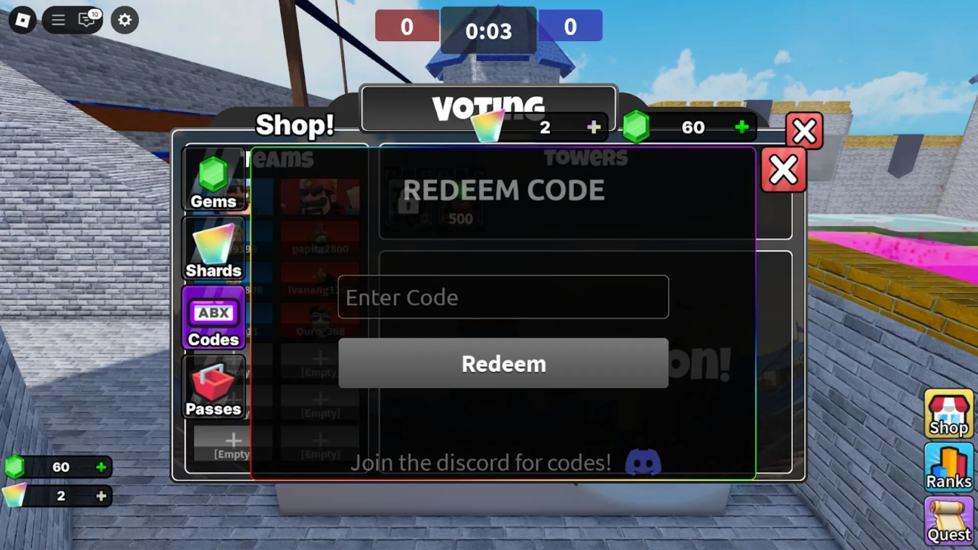 Tab nhập mã trong Clashers Royale trên Roblox, hướng dẫn vị trí Shop và Codes