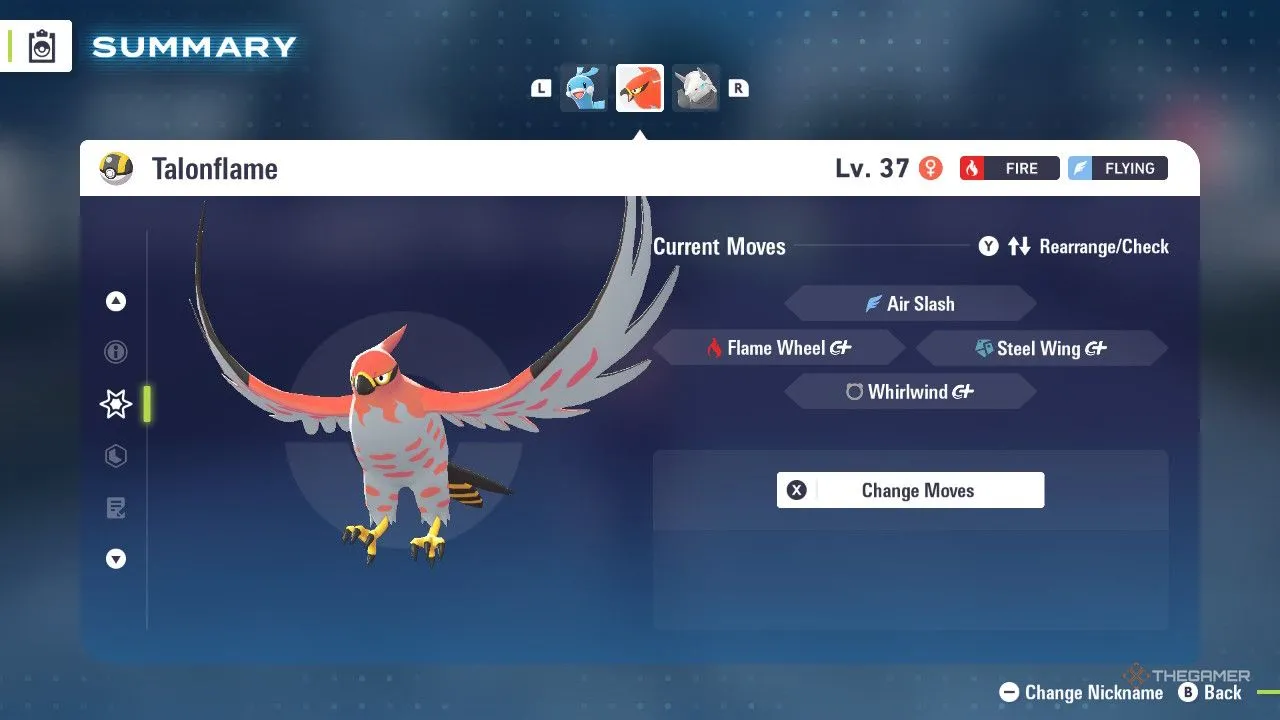 Talonflame trong menu Pokémon Legends Z‑A, biểu tượng của lối chơi tốc độ và tấn công mạnh mẽ nhưng mong manh