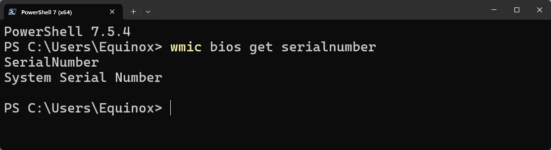 Terminal hiển thị không có số serial trong kết quả WMIC, minh họa tình huống thông tin serial bị thiếu từ BIOS