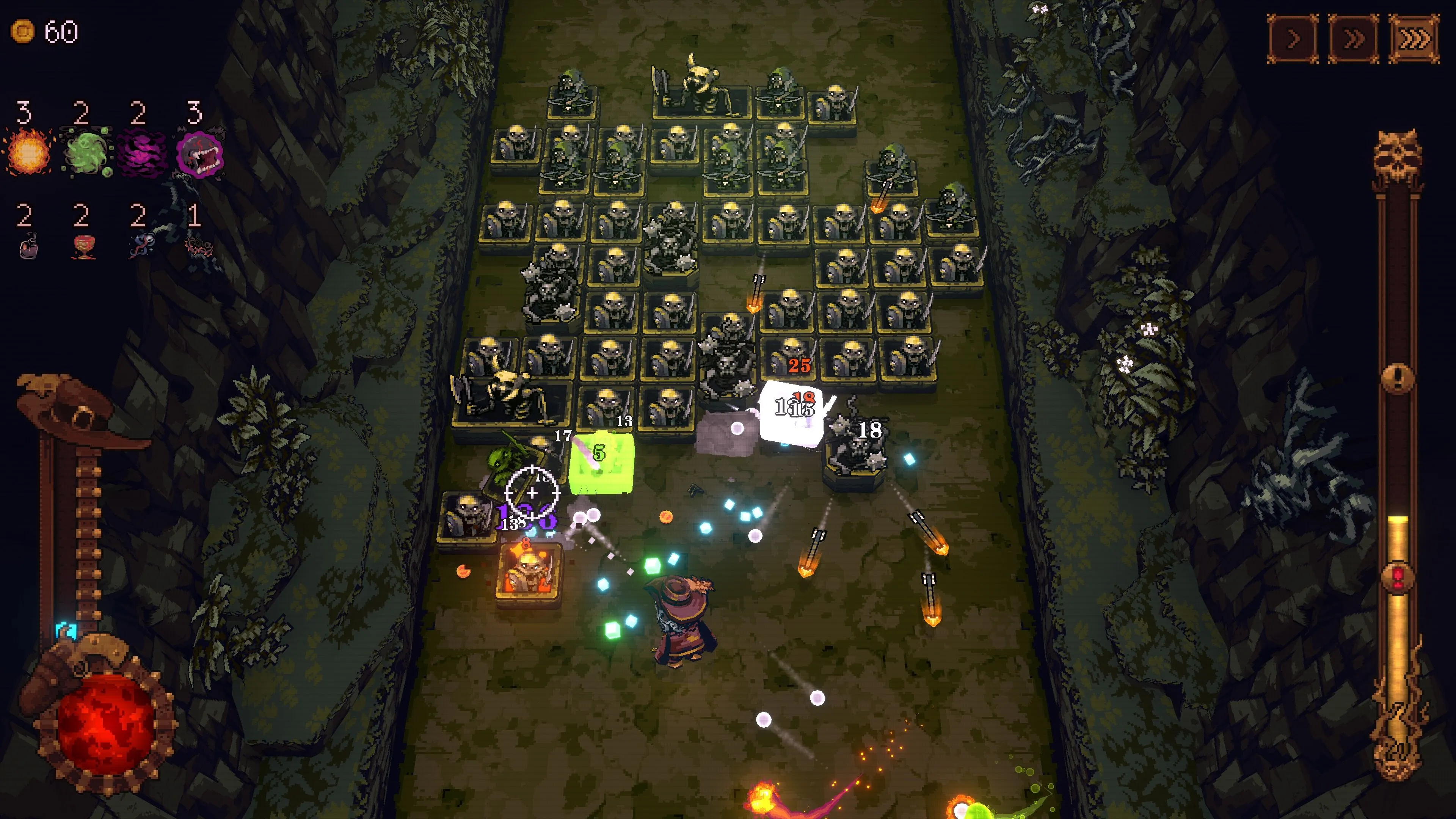 The Achyfinger trong màn Bone X Yard của Ball x Pit, minh họa gameplay đập bóng và kẻ thù