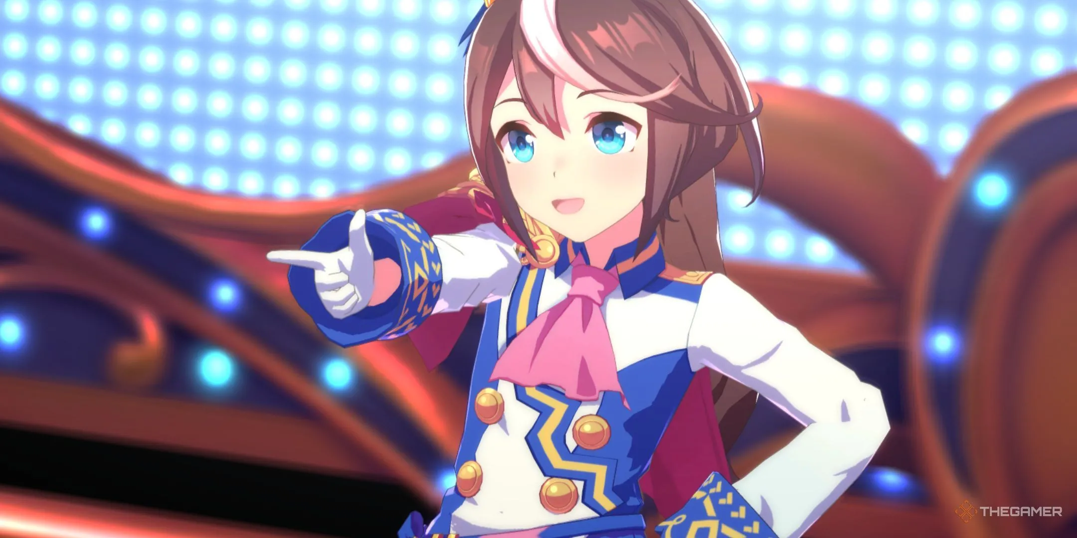 Tokai Teio trên màn hình Umamusume Pretty Derby, minh họa tương phản hiệu năng và hình tượng.