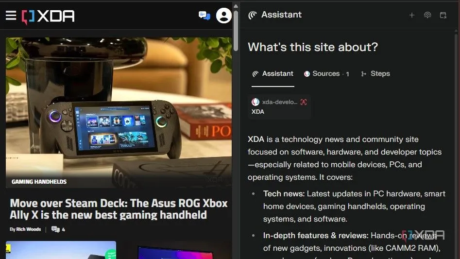 Trợ lý Comet tóm tắt bài viết XDA ngay trong thanh bên, hỗ trợ tra cứu nhanh cho game thủ