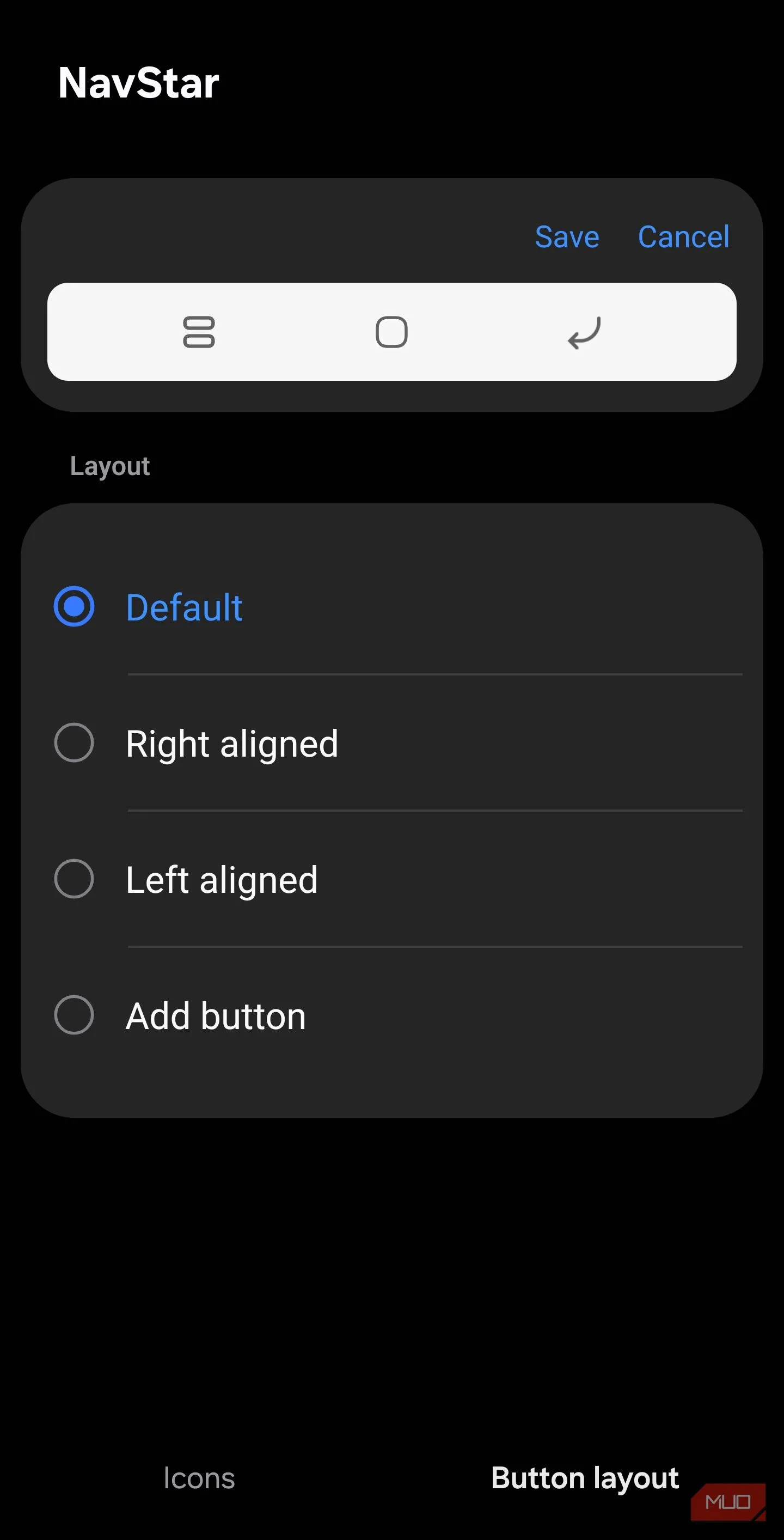 Tùy chọn bố cục NavStar hiển thị lựa chọn thêm nút Screen capture