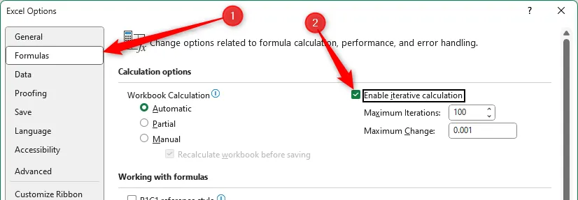 Tùy chọn Enable Iterative Calculations được bật trong Excel Options để cho phép công thức có tham chiếu vòng hoạt động.