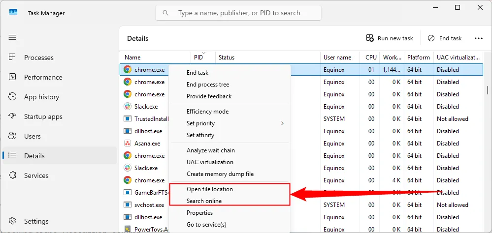 Tùy chọn &quot;Search online&quot; hoặc &quot;Open file location&quot; trong Task Manager giúp xác định nguồn gốc tiến trình chiếm port.