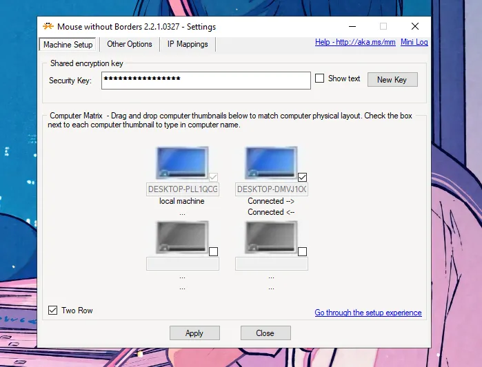 Ví dụ bố cục hai hàng màn hình trong Mouse Without Borders, hữu ích khi bạn đặt laptop trên kệ hoặc bên dưới màn chính.